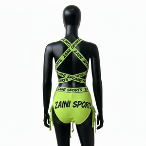 Ensemble de bikini côtelé en nylon et élasthanne pour femme, vert fluo, avec bretelles croisées et empiècements en maille, maillot de bain personnalisable avec logo pour femme - Product Image 2
