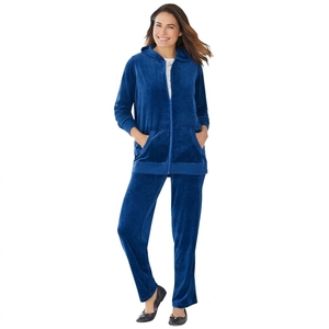 Wholesale Women's Winter 100% Cotton <b>Velour</b> Tracksuit Set 2 Piece Hooded Zip Hoodie Sweatpants Fleece Lined Printed Solid Casual - Product Image 5