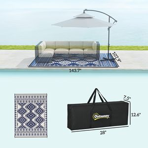 Tappeto da Esterno Reversibile Blu e Bianco con Bordo a Rombi 9FT X 12FT, Impermeabile in Paglia Plastica con Borsa per il Trasporto - Product Image 3