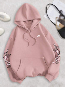 Sudaderas con Capucha Extra Grandes de Felpa Rosa para Mujer, Estampado Gráfico de Mariposas, Hombros Caídos, Ropa Urbana de Otoño e Invierno, Bordado de Logotipo Personalizado OEM - Product Image 3