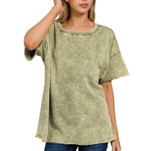 Camiseta de cuello redondo informal para mujer, estilo vintage, con lavado ácido, diseño personalizado, venta al por mayor - Product Image 4