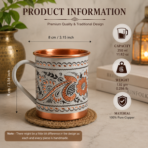 Taza de Cobre Puro Hecha a Mano con Diseño Floral de Esmalte Blanco, 350 ml, Taza Ayurvédica para Agua, Café o Té, Taza de Regalo Vintage Hecha a Mano - Product Image 5