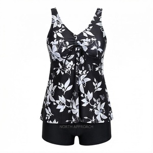 Women Floral Print Tankini <b>Set</b> V-Neck Drawstring Top With Shorts Spandex Polyester Swimwear Regular Fit Two Piece Beachwear - Product Image 1