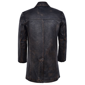 <b>Mens</b> Vintage Distressed Genuine Cowhide Leather Long Coat Classic Button Front Leather Overcoat Winter Trench <b>Jacket</b> OEM ODM - Product Image 3