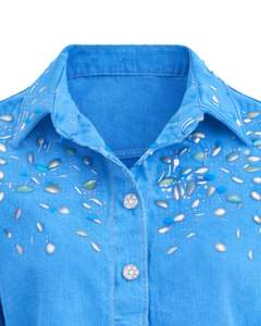 Veste en jean courte bleue personnalisée pour femme avec boutons sur les épaules ornés de strass, manches longues, style décontracté streetwear - Product Image 3