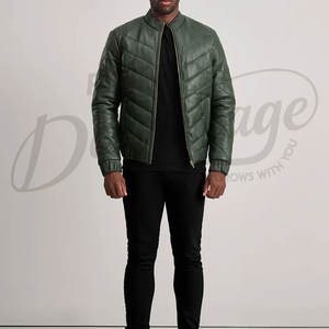 Veste matelassée en cuir vert foncé pour homme, design chevron, coupe ajustée, col montant, en similicuir, chaude et rembourrée pour l'hiver - Product Image 1