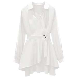 Camisa de Mujer Tallas M-4XL, Cuello en V, Manga Larga, Dobladillo Irregular, Talla Grande, Cintura Ajustable con Cinturón, Estilo Pullover - Product Image 1