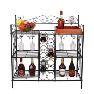 Mobiletto da Cucina in Metallo Nero a Sei Ripiani con Portabottiglie per 12 Bottiglie e Portabicchieri per 12 Calici - Product Image 1