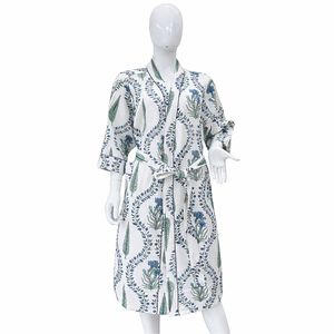 Soft Cotton Hand Block Print <b>Bathrobe</b> Floral Design Women Spa Robe Lightweight Comfort Morning Gown Dressing Robe - Product Image 1