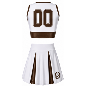 Ensemble d'uniforme de cheerleading sublimé blanc et marron sans manches, haut et jupe pour équipe sportive, tenue de sport pour entraînement, performance et compétition - Product Image 2