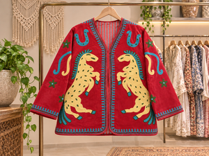 Red Sujani Jacket <b>Women</b> Horse Embroidery Handmade Bohemian <b>Coat</b> Ethnic Vintage Designer Outerwear Wholesale Clothing Supplier - Product Image 1