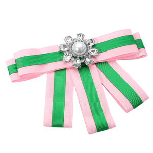  Broche de Lazo Rosa y Verde con Cristales y Perlas, Broche de Solapa Elegante para Mujer, Accesorio de Vestir, Regalo - Product Image 1