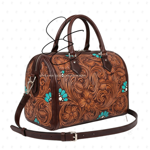 Bolso Boston de Cuero Repujado Estilo Southwest para Mujer, con Detalles Florales en Turquesa, Bolso de Viaje Vintage con Correa para el Hombro - Product Image 2