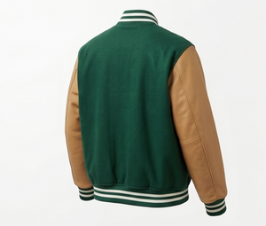 Veste universitaire verte pour homme avec manches en PU marron, boutonnée sur le devant, col rabattu, coupe classique, vêtement d'extérieur décontracté pour l'automne - Product Image 3