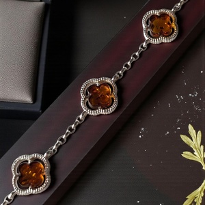 Dainty Four Leaf Clover Baltic Amber <b>Silver</b> <b>Bracelet</b> <b>Adjustable</b> Lucky Charm Link <b>Bracelet</b> Gift For Women - Product Image 1