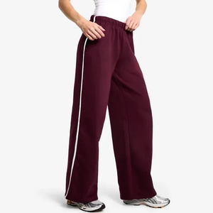 Hot Selling Burgundy <b>Women's</b> Tall Side Stripe Wide Leg <b>Joggers</b> Terry <b>Fleece</b> Soft Touch Fabric 100% Cotton <b>Women</b> Pants & Trouser - Product Image 1