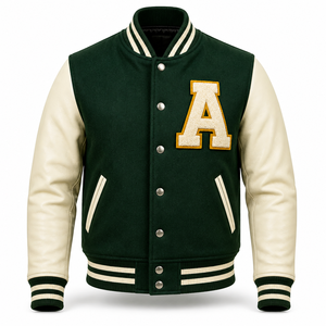 Veste de baseball vintage pour homme, personnalisée OEM, en laine méton épaisse, avec manches en cuir véritable et patchs en chenille. - Product Image 1