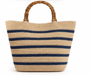 Sac cabas en paille avec poignée en bambou, style bohème rayé, ouvert, pour la plage, sac à main pour femme - Product Image 3