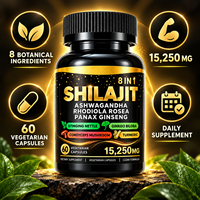 Complexe Shilajit 8-en-1 15250mg avec Ashwagandha, Ginseng, Ginkgo, Rhodiola, Curcuma, 60 Capsules Végétariennes, Marque Privée OEM ODM