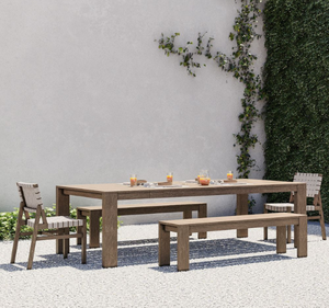 Ensemble de salle à manger d'extérieur en teck massif pour villa tropicale, hôtel, jardin, table, chaises et bancs écologiques, imperméables, finition naturelle, patio - Product Image 1