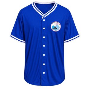 Maillot de baseball bleu roi pour femme avec écusson brodé, manches courtes, col en V boutonné, bordure blanche, tenue de sport décontractée pour équipe - Product Image 1