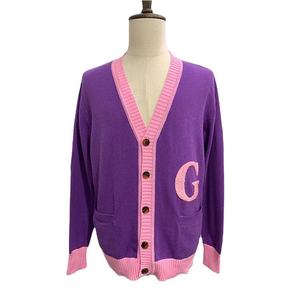 Women Knitted <b>Cardigan</b> V Neck Full Sleeve Contrast Color Preppy Style Alphabet Pattern Button Closure Regular Length Sweater - Product Image 1