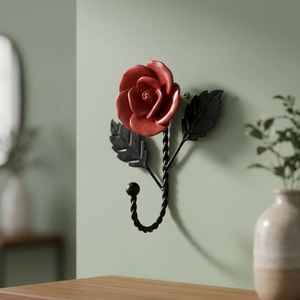Vintage Metal Rose Flower Wall <b>Hook</b> With <b>Black</b> Leaves And Twisted Stem For Clothing Storage - Product Image 5