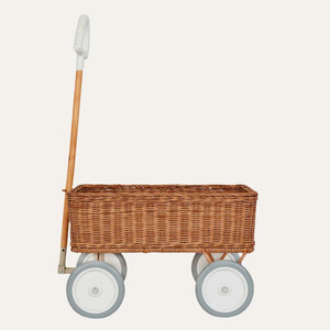 Kids Wooden Handle Woven <b>Storage</b> Wagon Rattan Toy Cart with Wheels Decorative Nursery Organizer Rolling <b>Basket</b> for Home Playroom - Product Image 4