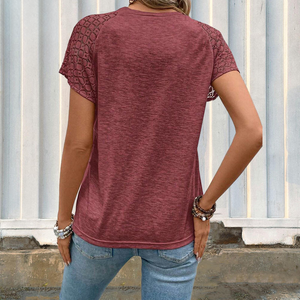 Camiseta de Verano Casual para Mujer, de Algodón y Bambú, con Encaje, Manga Raglán, Cuello Redondo, Manga Corta, Tejida y Transpirable - Product Image 2