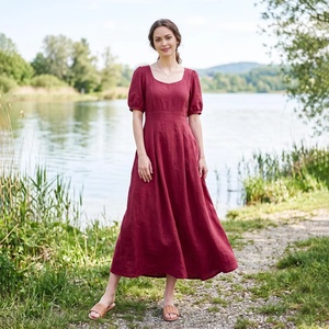 <b>Midi</b> Vintage Breathable 100% Cotton <b>Dress</b> V-neck High Waist Bell Sleeve A-Line Daily <b>with</b> Bow <b>Pockets</b> Elegant - Product Image 1