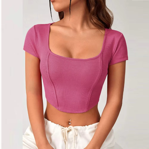 Women's <b>Pink</b> Square Neck Short Sleeve Knitted Slim Fit 180g <b>Crop</b> <b>Top</b> Spandex Polyester Breathable Sporty Style - Product Image 4