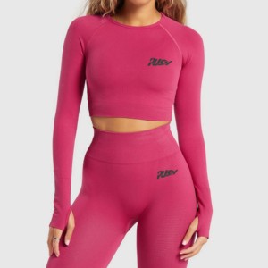 Ensemble Push pour femme : Crop top rose texturé à manches longues et leggings taille haute, sans bretelles, maintien élevé, grande taille, respirant, pour le yoga - Product Image 1