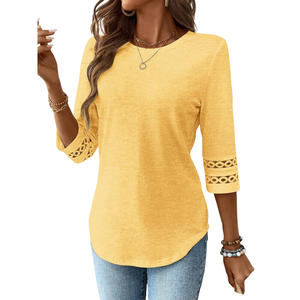 Blusa Casual de Verano para Mujer, Cuello Redondo, Manga Tres Cuartos, Corte Regular, 100% Algodón, Transpirable, con Detalle de Encaje, para Uso Diario - Product Image 1
