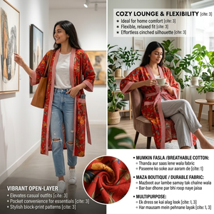 ชุดคลุมกิโมโนผ้าฝ้ายลายต้นปาล์มสีส้มแปลกตาสำหรับผู้หญิง คอวี แขนยาว ความยาวเต็มตัว แต่งเส้นตัดกัน มีกระเป๋า 2 ช่อง ชุดนอนสำหรับพักผ่อน - Product Image 5