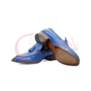 Mocassins pour hommes en cuir de vachette véritable, à enfiler, design décontracté, couleur bleue - Product Image 3