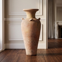 Vase de sol rustique en céramique terracotta, urne haute à plusieurs poignées, style méditerranéen antique, fait main, décoratif, non verni, Bali