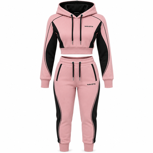 Women's Casual Winter Wear Set Solid Pattern Crop <b>Top</b> Jogger Pants Hoodie Front Logo Streetwear 100% Cotton Fleece Breathable - Product Image 1