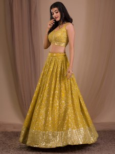 Yellow <b>Sequined</b> <b>Crop</b> <b>Top</b> And A-Line Floor-Length Skirt Bridesmaid Dress With V-Neck Spaghetti Straps - Product Image 3