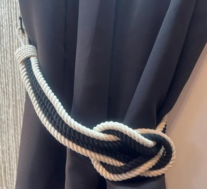 Black & White Cotton Rope <b>Curtain</b> Tieback – Square Knot Design with Optional Wrought Iron <b>Hook</b> - Product Image 1