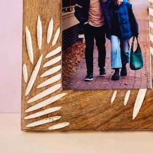 Wood Photo <b>Frame</b> Rectangular 4x6 Inch Rustic Handmade Tabletop Decor with Leaf Pattern White Embossing Printing - Product Image 2