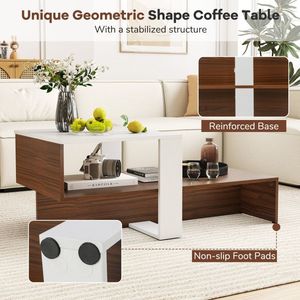 Tavolino da Caffè Geometrico in Rovere Stile Fattoria a 2 Livelli con Ripiani Contenitori Estensibili per Soggiorno e Sala d'Attesa - Product Image 5