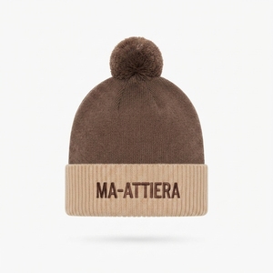 Bonnet en tricot personnalisé marron crème avec pompon, chaud pour l'hiver, à revers, avec logo brodé - Product Image 1