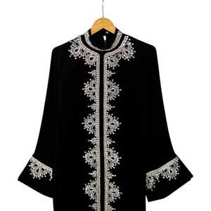 Elegant Black Abaya With Silver Beaded Embroidery High Neck Long Sleeve Floor Length Loose Fit Women Middle East Party Wear - Product Image 2