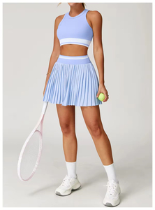 Women White Striped Tennis Crop Top And Pleated <b>Skirt</b> Set Breathable Spandex Polyester Sportswear Fitted Sleeveless Tank Style - Product Image 4