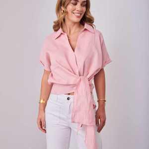 Camiseta de Lino para Mujer, Estilo Retro, Casual, Transpirable, Holgada, Talla Grande, para Uso Diario de Verano, 100% Lino, Color Rosa de Moda, con Bordado - Product Image 1