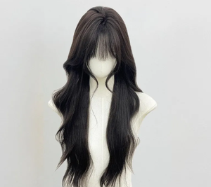 Peluca Sintética Negra Natural Ondulada de Primera Calidad con Flequillo, Sin Pegamento, Hecha a Máquina, de Alta Densidad, Larga, para Cosplay o Uso Diario - Product Image 3