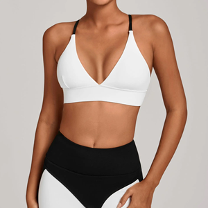 Soutien-gorge de sport blanc pour femme, col en V profond, bretelles spaghetti, sans couture, maintien moyen, respirant, style uni, pour le yoga - Product Image 5