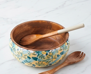 Bol à salade en bois d'acacia avec revêtement émaillé, motif floral, pour servir, avec cuillères à salade, en bois de manguier naturel, adapté aux aliments. - Product Image 1