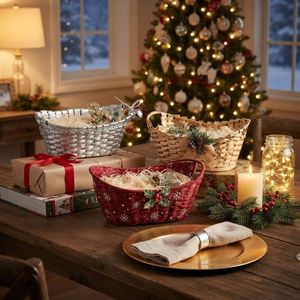 Eco-Friendly Christmas Woven Rope Storage <b>Basket</b> Oval <b>Gift</b> <b>Basket</b> with Bell Handle Holiday Display Organizer - Product Image 4