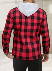 Red Black Plaid Hooded Flannel Shirt Protective Kevlar <b>Jacket</b> Quilted Lined Long Sleeve - Product Image 5